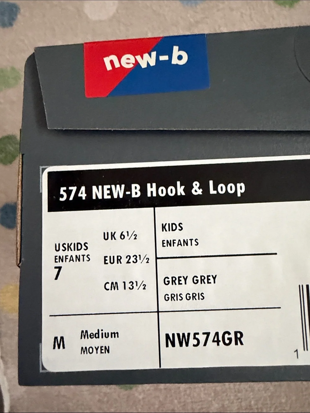 New Balance 574 New-B Hook & Loop Sneaker in Grey, size 7